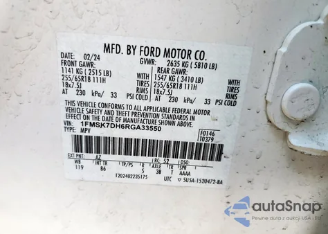 2024 Ford Explorer Xlt z USA, uszkodzony, nr VIN 1FMSK7DH6RGA33550